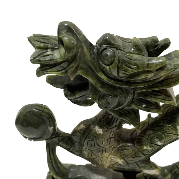 Carved Stone Fierce Dragon Statue Holding Orb Sphere Ball Green Maybe Old Jade - Picture 10 of 11